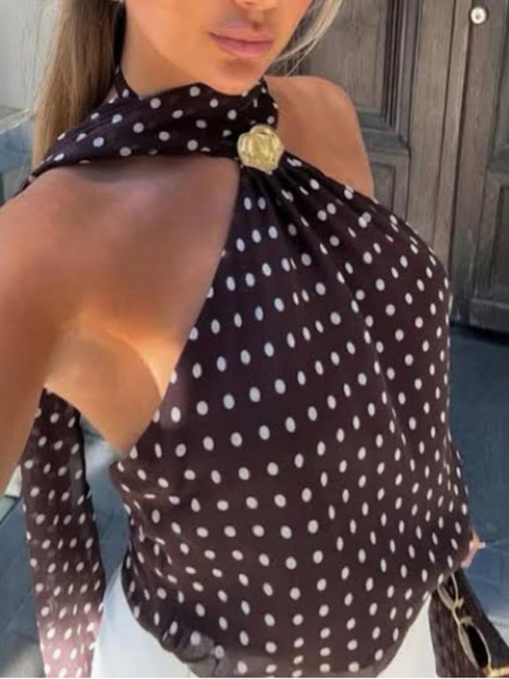 Zara Black Polka Dot Scarf Halter with Gold Accent